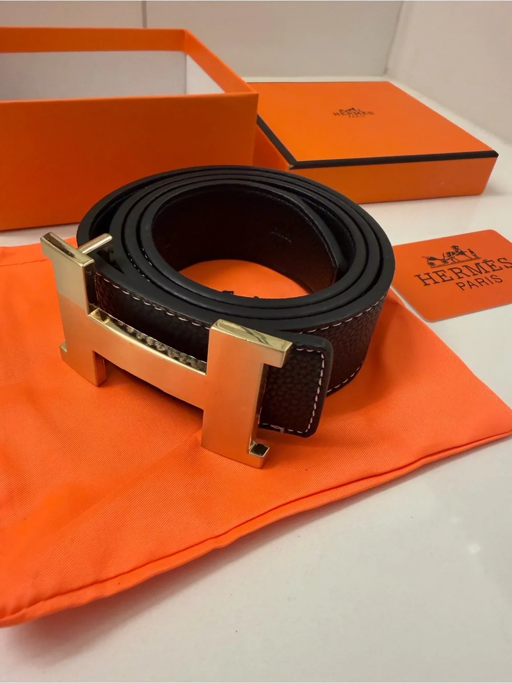 Hermès Black Leather H Buckle Belt Gold Hardware w/ Box